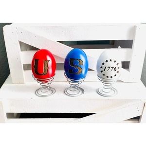 Set of 3 USA Themed Red White Blue Wood Egg w/Stand Decor